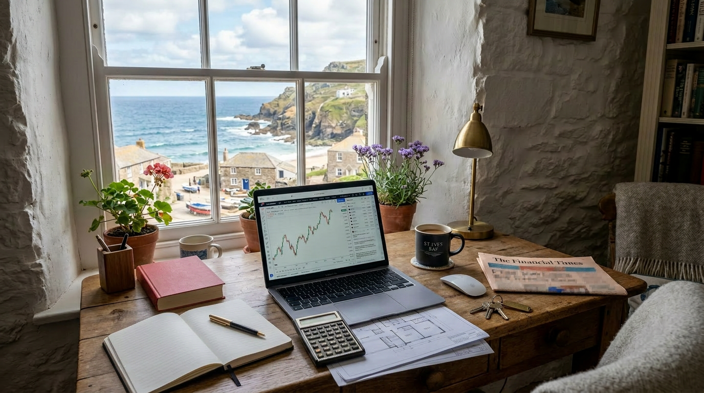 Home office desk with laptop showing stock chart, notebook, coffee cup, newspaper, flowers, and ocean view through window