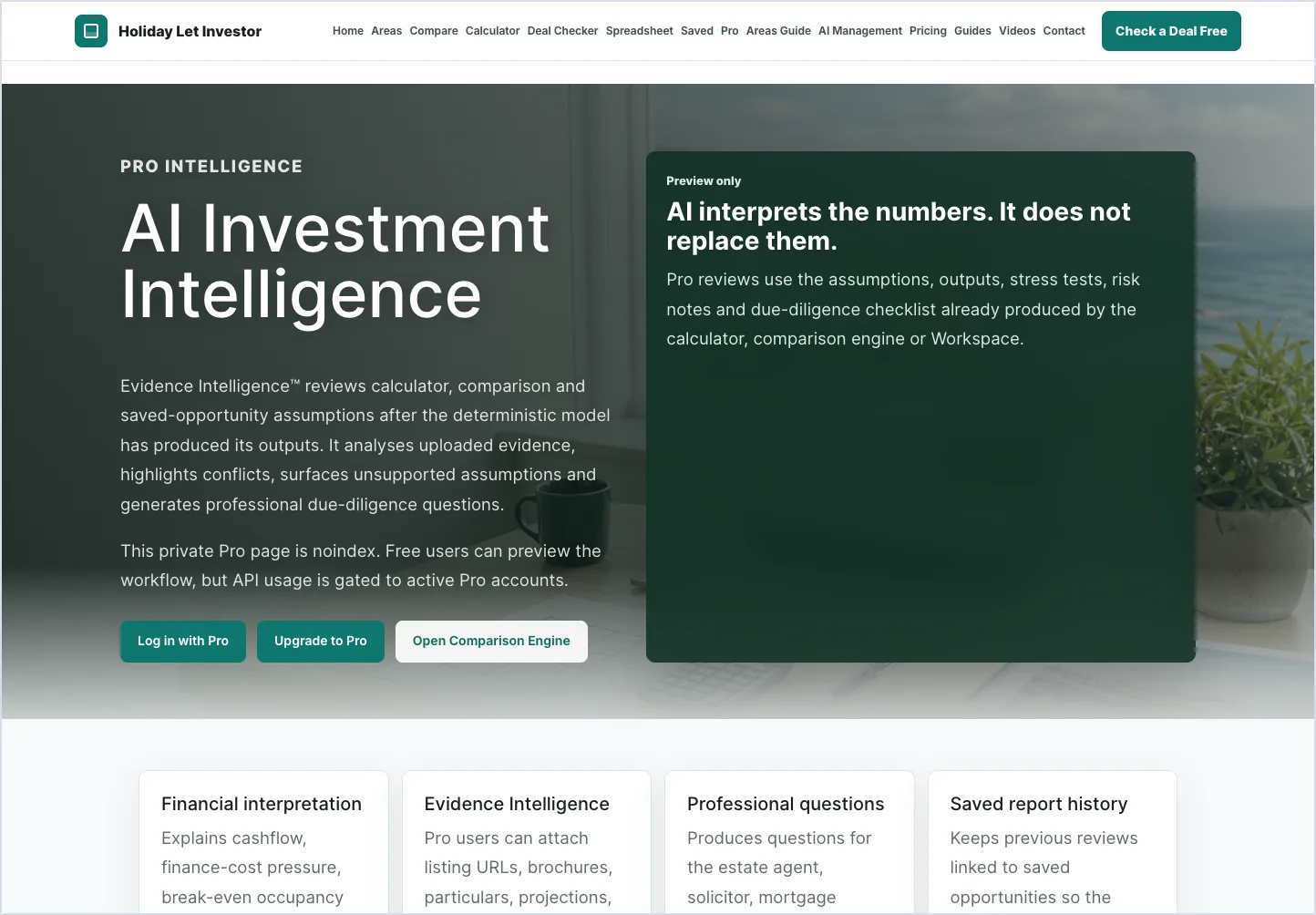 AI Investment Intelligence page showing assumption and evidence review.
