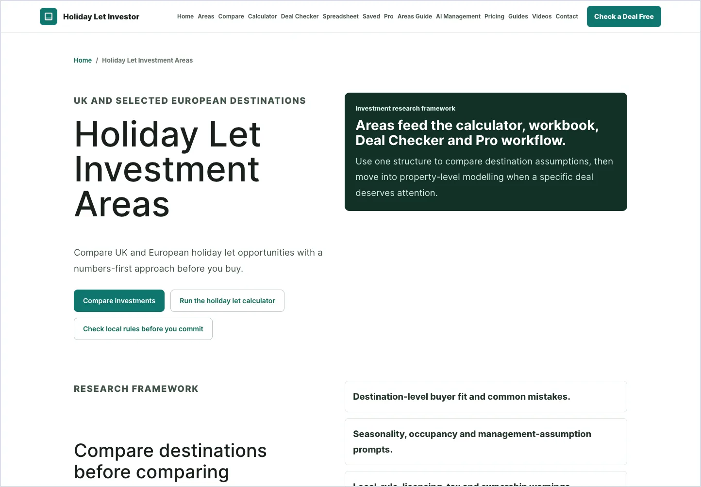 Areas hub showing holiday-let area research for Portugal and Spain.