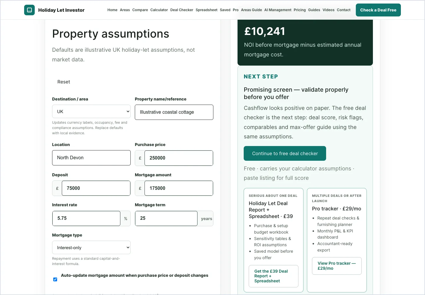 Holiday Let Calculator showing investor inputs and result outputs.