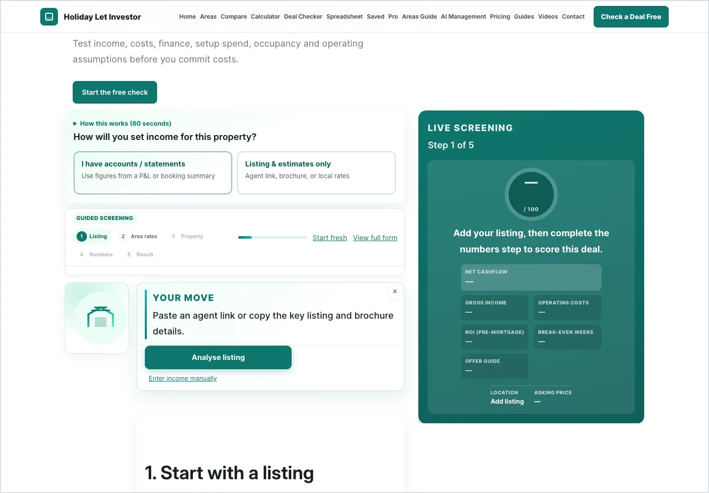 Deal Checker showing holiday-let evidence and risk review fields.
