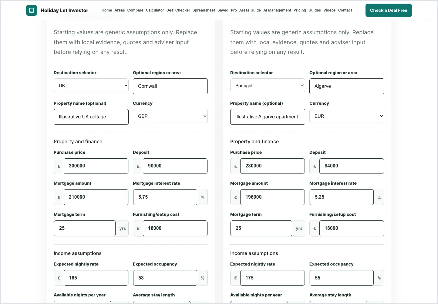 Investment Comparison Engine comparing holiday-let mortgage stress-test scenarios.