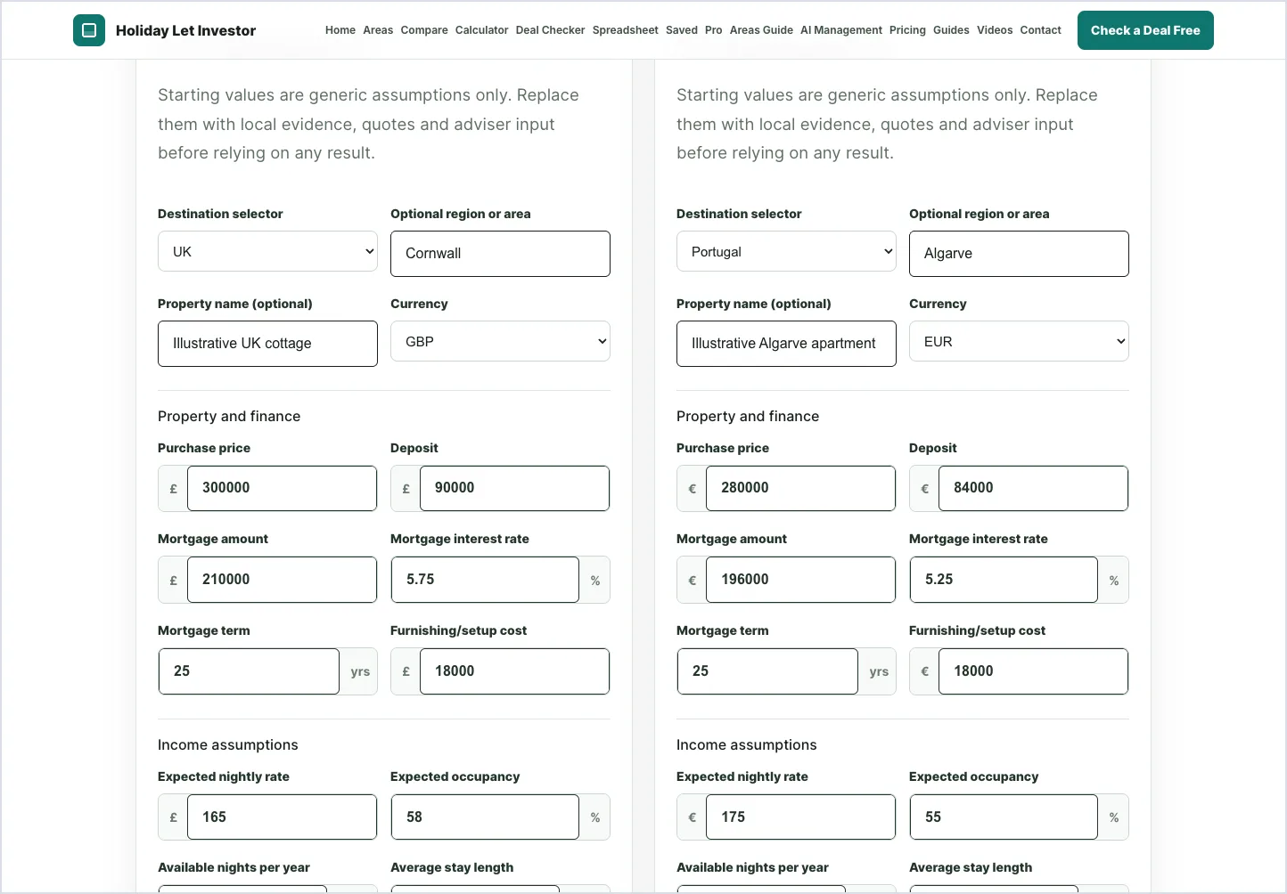 Investment Comparison Engine comparing Portugal and Spain holiday-let scenarios.