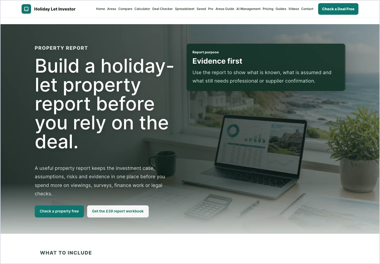 Property Report page showing the buyer evidence and assumptions workflow.