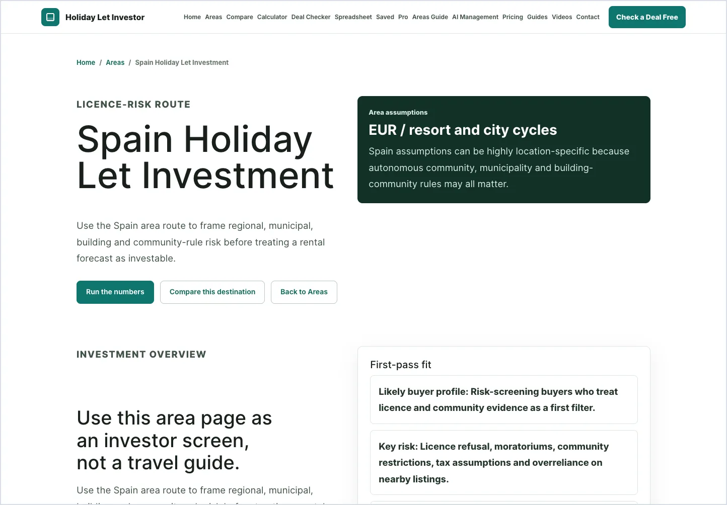 Spain area page showing holiday-let area research for investors.